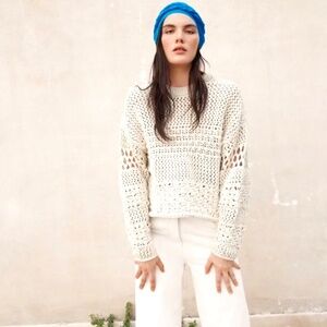 Zara White Pointelle Round Neck Knit Sweater NWT